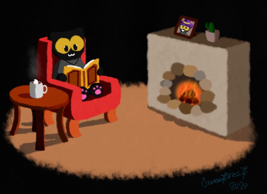 2020 anthro black_background cactus felid female fireplace google google_doodle halloween halloween_2020 hi_res holidays hot_drink magic_cat_academy mammal momo_(google) signature simple_background sitting solo sweetreat yellow_sclera