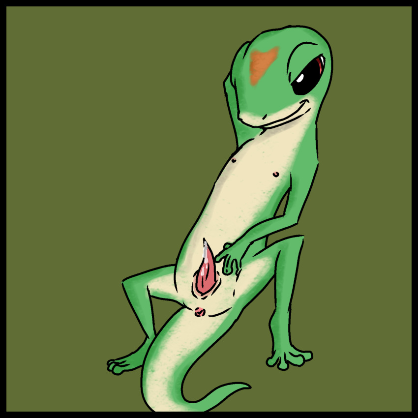 1:1 anthro black_border bodily_fluids border feral gecko geico geico_gecko genital_fluids genitals half-closed_eyes hi_res lizard lying male mascot muffinlewds narrowed_eyes nipples on_back penis reptile scalie smile solo solo_focus spread_legs spreading