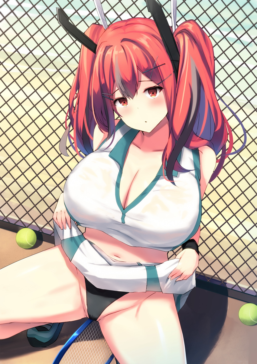 1girl absurdres ass azur_lane ball bangs black_panties breasts bremerton_(azur_lane) bremerton_(scorching-hot_training)_(azur_lane) cameltoe chain-link_fence cleavage cloud collarbone collared_shirt commentary_request crop_top crop_top_overhang day eyebrows_visible_through_hair fence grinding hair_between_eyes hair_ornament headgear heart heart_necklace highres holding holding_ball holding_racket jewelry large_breasts lifted_by_self liya long_hair looking_at_viewer midriff multicolored_hair navel necklace panties parted_lips racket red_hair shirt skirt skirt_lift sky sleeveless sleeveless_shirt sportswear spread_legs squatting streaked_hair sweat tennis_ball tennis_racket tennis_uniform thighs twintails two-tone_shirt two-tone_skirt underwear wet wet_clothes white_skirt wristband x_hair_ornament