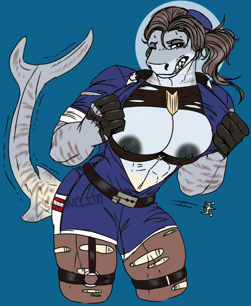 abs absurd_res anthro big_breasts breast_expansion breasts clothing escuincle expansion female fin fish grey_body growth hair hi_res human_to_anthro marine muscular muscular_anthro muscular_female nipples non-mammal_breasts one_eye_closed ponytail requiem_shark shark sharp_teeth solo species_transformation stripes tail_fin teeth tiger_shark torn_clothing transformation uniform wardrobe_malfunction