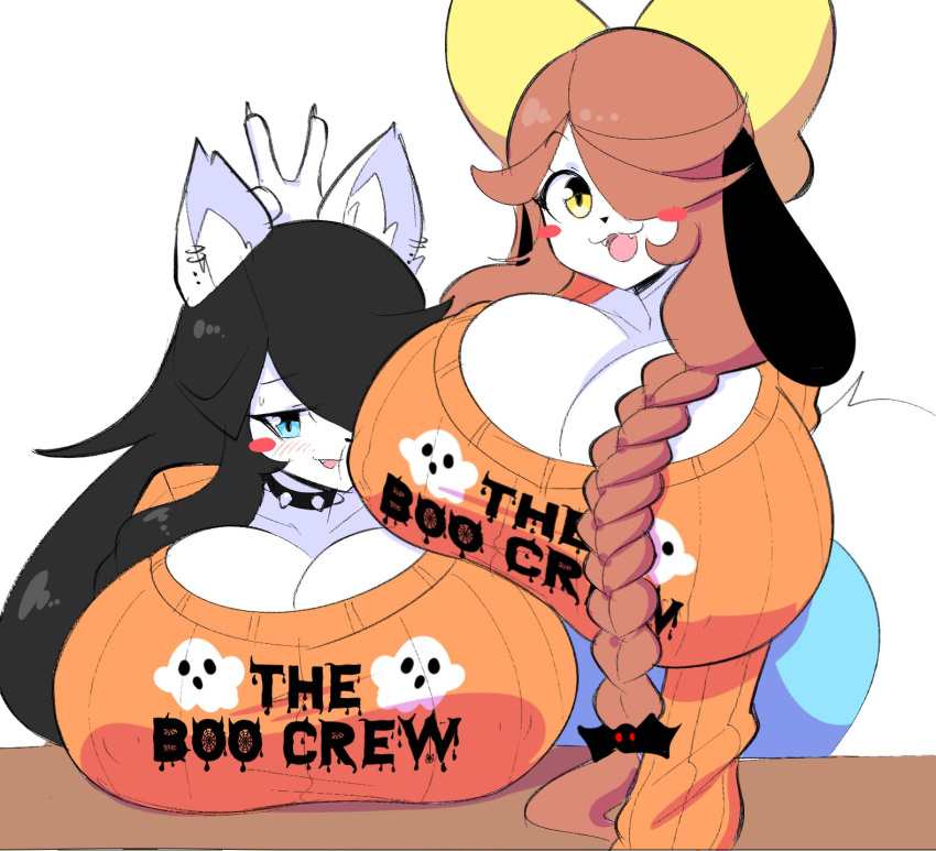 2020 accessory anthro big_breasts black_hair blue_eyes blush blush_stickers braided_hair breasts brown_hair canid canine canis cleavage clothed clothing daughter domestic_dog duo ear_piercing ear_ring english_text fangs female gesture hair hair_accessory hair_bow hair_over_eye hair_ribbon hi_res holly_applebee huge_breasts inner_ear_fluff long_hair looking_at_viewer maggie_applebee mammal mother mother_and_child mother_and_daughter one_eye_obstructed open_mouth open_smile parent parent_and_child piercing ribbons smile sweater text text_on_clothing text_on_sweater text_on_topwear theycallhimcake topwear tuft v_sign yellow_eyes