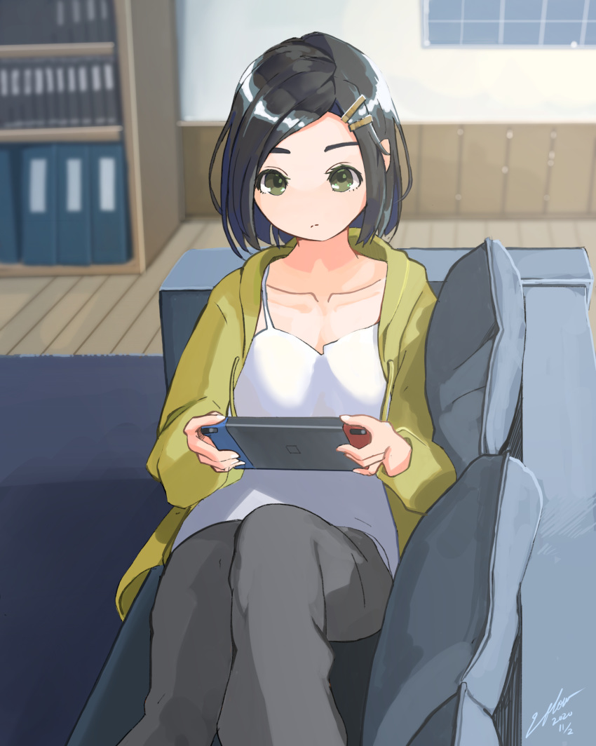 1girl absurdres alternate_costume black_hair bookshelf camisole casual commentary_request couch green_eyes grey_pants hair_ornament hairclip handheld_game_console highres holding holding_handheld_game_console indoors kantai_collection kuroshio_(kantai_collection) nintendo_switch pants playing_games short_hair sitting solo utachy white_camisole wooden_floor