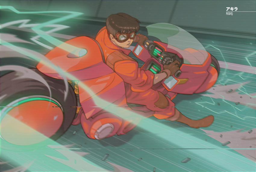1boy akira black_hair boots brown_footwear brown_gloves commentary cyberpunk edwin_huang english_commentary gloves goggles ground_vehicle jumpsuit kaneda_shoutarou kaneda_shoutarou's_bike knee_boots knee_pads light_trail male_focus motor_vehicle motorcycle red_jumpsuit scanlines short_hair shoulder_pads sliding solo vhs_artifacts