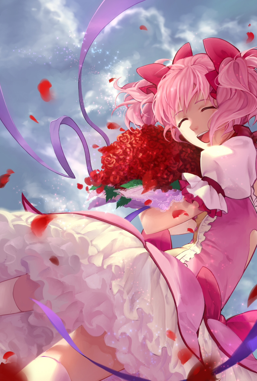 1girl ^_^ bouquet bubble_skirt closed_eyes cloud cloudy_sky cowboy_shot day eyebrows_visible_through_hair facing_viewer floating_hair flower frilled_skirt frilled_sleeves frills hair_ribbon highres holding holding_bouquet kaname_madoka laughing leaf legs_apart lin_nulixiulian mahou_shoujo_madoka_magica open_mouth outdoors petals pink_hair pink_ribbon puffy_short_sleeves puffy_sleeves purple_ribbon red_flower red_rose ribbon rose short_sleeves short_twintails skirt sky solo sparkle sunlight teeth thighhighs too_many too_many_frills twintails upper_teeth white_legwear white_skirt zettai_ryouiki