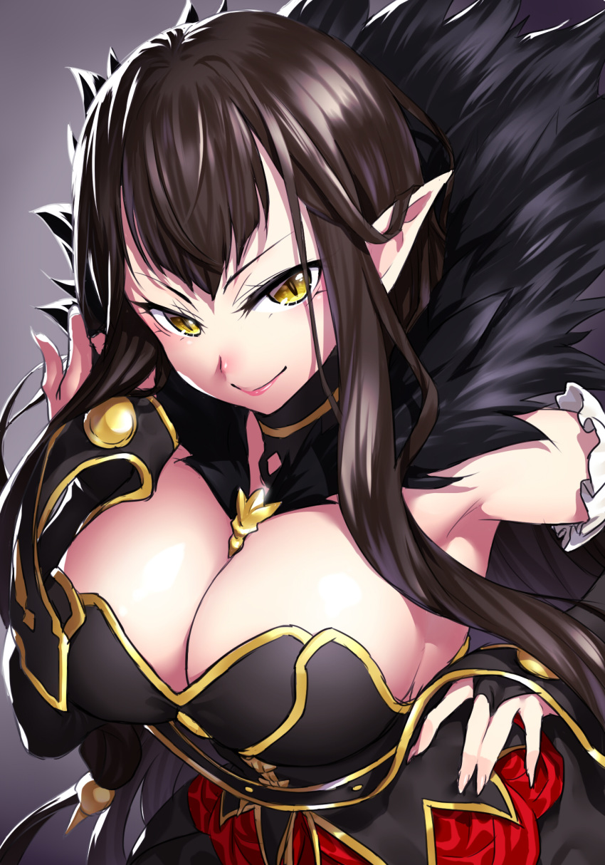 1girl bangs bare_shoulders black_dress black_gloves black_hair breasts bridal_gauntlets brown_hair cleavage closed_mouth detached_sleeves dress fate/apocrypha fate_(series) feather_trim fingernails fur_trim gloves grey_background highres large_breasts lips long_hair looking_at_viewer onsoku_inu pink_lips pointy_ears semiramis_(fate) simple_background slit_pupils smile solo underbust upper_body yellow_eyes