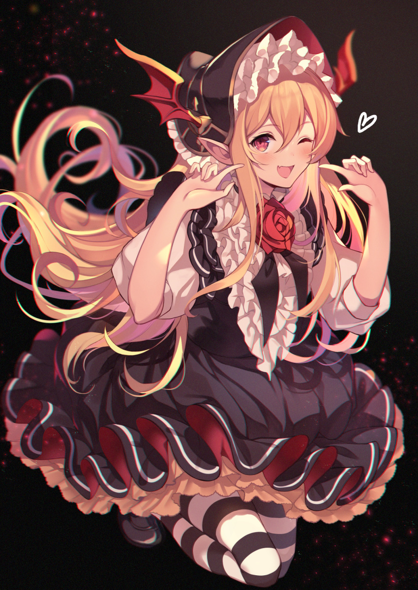 1girl ;d black_dress blonde_hair blurry bonnet center_frills depth_of_field dress floating_hair flower frilled_dress frills granblue_fantasy hands_up head_wings highres homaderi index_fingers_raised lolita_fashion long_hair looking_at_viewer one_eye_closed open_mouth pantyhose pointy_ears red_eyes red_flower rose shoes smile solo striped striped_legwear vampy very_long_hair