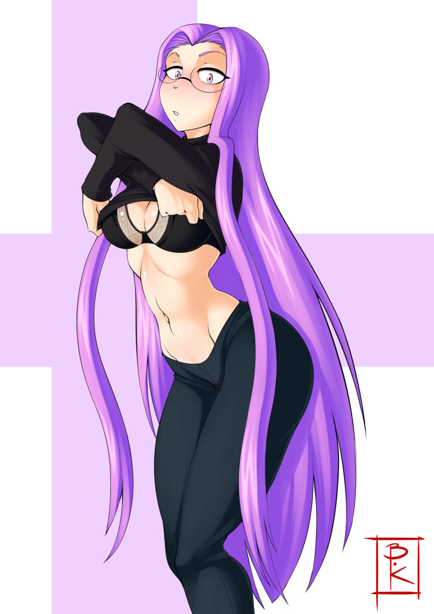 1girl absurdres black_bra black_pants black_sweater blunt-katana blush bra breasts cleavage clothes_pull commentary commission english_commentary fate/stay_night fate_(series) glasses highres legs_together long_hair looking_at_viewer medium_breasts navel pants pulled_by_self purple_eyes purple_hair rider semi-rimless_eyewear signature slender_waist solo standing stomach sweater sweater_pull tight tight_pants toned turtleneck turtleneck_sweater under-rim_eyewear underwear undressing very_long_hair