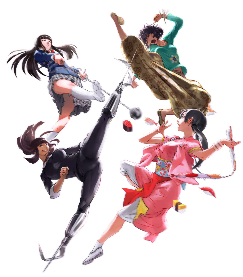 4girls absurdres action amputee ankle_socks ball_and_chain bangs black_hair black_sweater blazer blue_jacket bracelet brown_eyes chocolate_(movie) crossover dead_sushi double_amputee floral_print flying_kick food gazelle_(kingsman) green_shirt grey_skirt highres hime_cut holding holding_weapon jacket japanese_clothes jewelry keiko_(dead_sushi) kicking kill_bill kimono kingsman:_the_secret_service kneehighs long_hair messy_hair meteor_hammer multiple_girls no_socks nunchaku pink_kimono plaid plaid_skirt pleated_skirt prosthesis prosthetic_leg prosthetic_weapon school_uniform shirt short_hair shorts simple_background skirt smile sushi sweater twintails weapon white_background white_footwear white_legwear white_shirt wristband yellow_footwear yellow_shorts yuubari_gogo zack_(samuraigirl) zen_(chocolate)