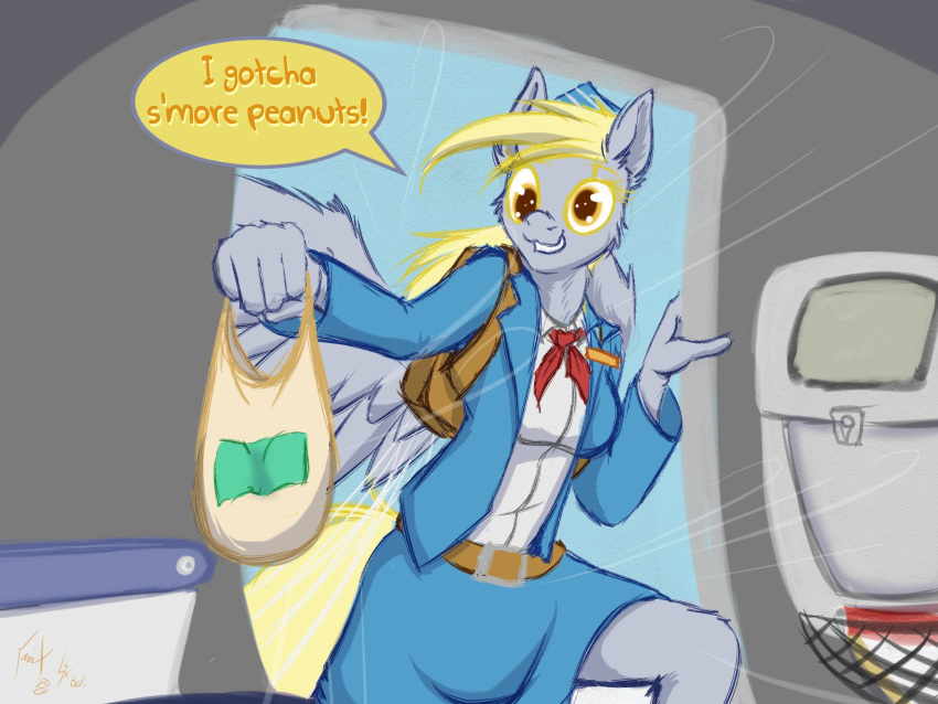 2020 4:3 aircraft airplane amber_eyes anthro anthrofied bag bottomwear clothing derp_eyes derpy_hooves_(mlp) equid equine female flight_attendant friendship_is_magic frist44 hasbro hi_res mammal my_little_pony open_door pegasus skirt solo wings