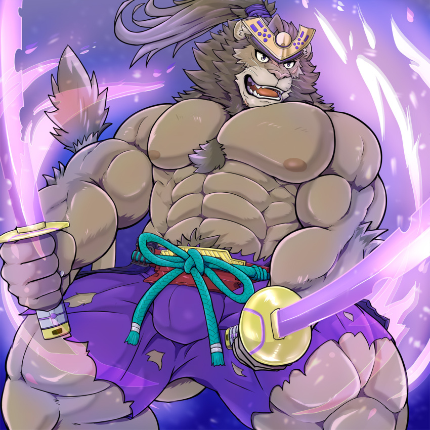 1:1 a3_lion abs anthro chest_tuft clothed clothing felid hi_res katana lion live-a-hero male mammal mane melee_weapon muscular muscular_anthro muscular_male nipples pantherine pecs samurai solo sword topless toshu tuft warrior weapon