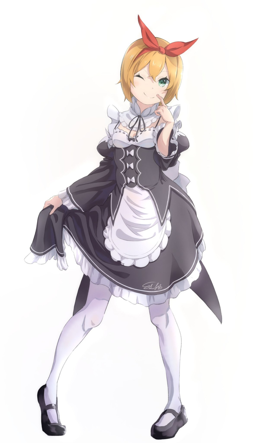 1girl ;) apron black_footwear black_ribbon black_skirt blonde_hair bow breasts cleavage closed_mouth collar detached_collar detached_sleeves frilled_apron frilled_skirt frills full_body green_eyes hair_bow highres l-phy long_skirt long_sleeves looking_at_viewer maid mary_janes neck_ribbon one_eye_closed pantyhose petra_leyte re:zero_kara_hajimeru_isekai_seikatsu red_bow ribbon ribbon-trimmed_sleeves ribbon_trim roswaal_mansion_maid_uniform shiny shiny_hair shoes short_hair simple_background skirt small_breasts smile solo waist_apron white_apron white_background white_collar white_legwear white_sleeves