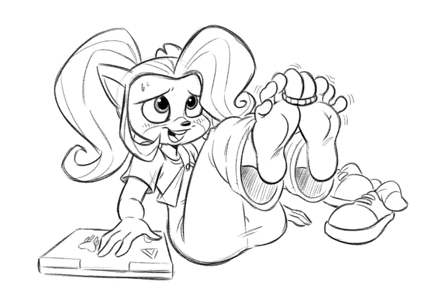 4_toes activision anthro bandicoot blush bodily_fluids coco_bandicoot computer crash_bandicoot_(series) female foot_focus hotbrotcafe laptop mammal marsupial monochrome sitting solo sweat toes toes_tied video_games wiggle