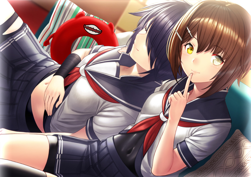 2girls bangs black_hair black_legwear black_sailor_collar black_skirt blush brown_hair closed_eyes closed_mouth commentary_request couch covered_navel creature enemy_lifebuoy_(kantai_collection) eyebrows_visible_through_hair finger_to_mouth furutaka_(kantai_collection) grey_eyes hair_ornament hair_over_one_eye hairclip hand_on_another's_shoulder hand_on_own_stomach heterochromia index_finger_raised indoors kako_(kantai_collection) kantai_collection long_hair looking_at_viewer midriff midriff_peek multiple_girls navel neckerchief on_couch pillow pleated_skirt red_neckwear sailor_collar school_uniform serafuku shirt short_hair short_sleeves shushing single_thighhigh sitting skirt sleeping smile striped thighhighs unowen white_shirt yellow_eyes