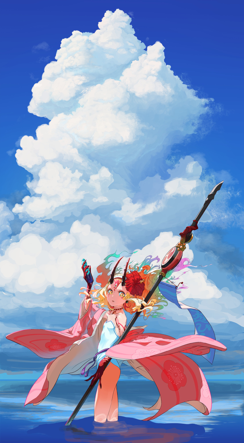 1girl absurdres bare_shoulders blonde_hair cloud earrings facial_mark fate/grand_order fate_(series) fingernails flower forehead_mark hair_flower hair_ornament highres holding holding_staff horns ibaraki_douji_(fate/grand_order) ibaraki_douji_(swimsuit_lancer)_(fate) japanese_clothes jewelry kimono looking_at_viewer multicolored_hair ocean oni oni_horns open_clothes open_kimono partially_submerged sharp_fingernails skin-covered_horns sky solo staff strapless strapless_swimsuit swimsuit tattoo uaaaou yellow_eyes