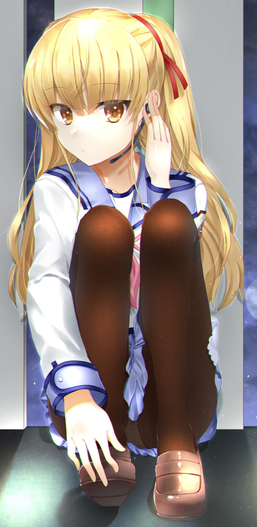 1girl absurdres angel_beats! bangs blonde_hair blue_sailor_collar blue_skirt brown_eyes brown_footwear brown_legwear collared_shirt eyebrows_visible_through_hair full_body hair_ribbon highres loafers long_hair long_sleeves looking_at_viewer microphone miniskirt panties panties_under_pantyhose pantyhose pink_neckwear pleated_skirt red_ribbon ribbon sailor_collar sailor_shirt school_uniform serafuku shiny shiny_hair shirt shoes sitting skirt solo underwear very_long_hair white_shirt yusa_(angel_beats!) zuzuhashi