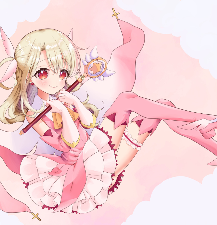 1girl :&gt; absurdres blonde_hair boots cape closed_mouth cross earrings elbow_gloves fate/kaleid_liner_prisma_illya fate_(series) gloves hair_ornament highres holding holding_wand illyasviel_von_einzbern jewelry kashika_(siiika) long_hair looking_at_viewer magical_girl magical_ruby pink_background pink_footwear pink_theme prisma_illya red_eyes skirt smile solo thigh_boots thighhighs thighlet two_side_up wand white_gloves white_skirt