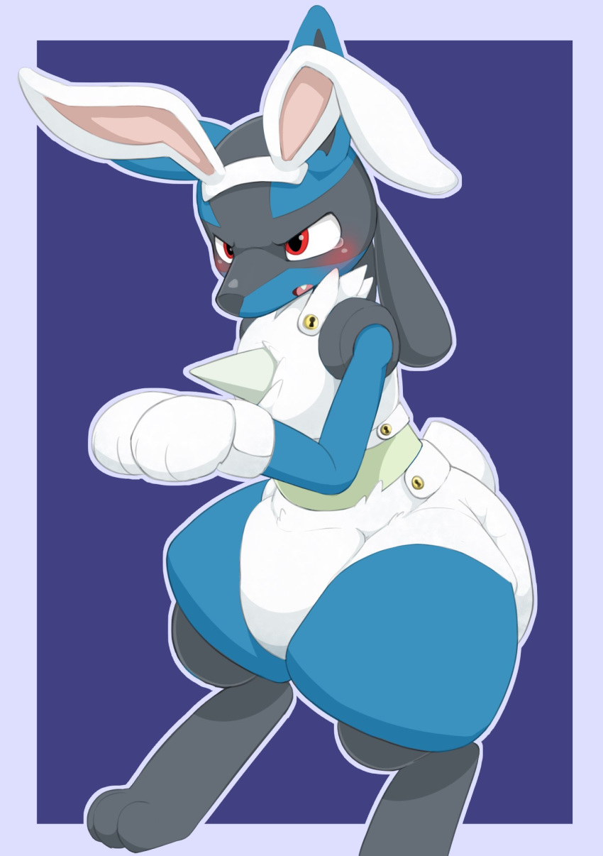 blush bodily_fluids bunny_costume clothing costume diaper embarrassed fake_ears fake_rabbit_ears fake_rabbit_tail fake_tail gloves handwear hi_res lucario nintendo nyanyakotarou open_mouth pok&eacute;mon pok&eacute;mon_(species) solo tears teeth video_games white_clothing white_gloves