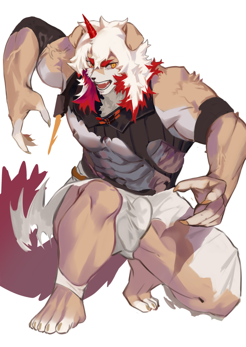 1boy absurdres animal_ears arknights bara bare_chest bare_shoulders barefoot beige_fur bulge chest dog_boy dog_ears fingernails highres hung_(arknights) looking_at_viewer male_focus medium_hair multicolored_hair muscle nipples pants sharp_fingernails shirt shoes sleeveless sleeveless_shirt solo streaked_hair thighs torn_clothes torn_pants torn_shirt two-tone_fur vv404notfound white_fur