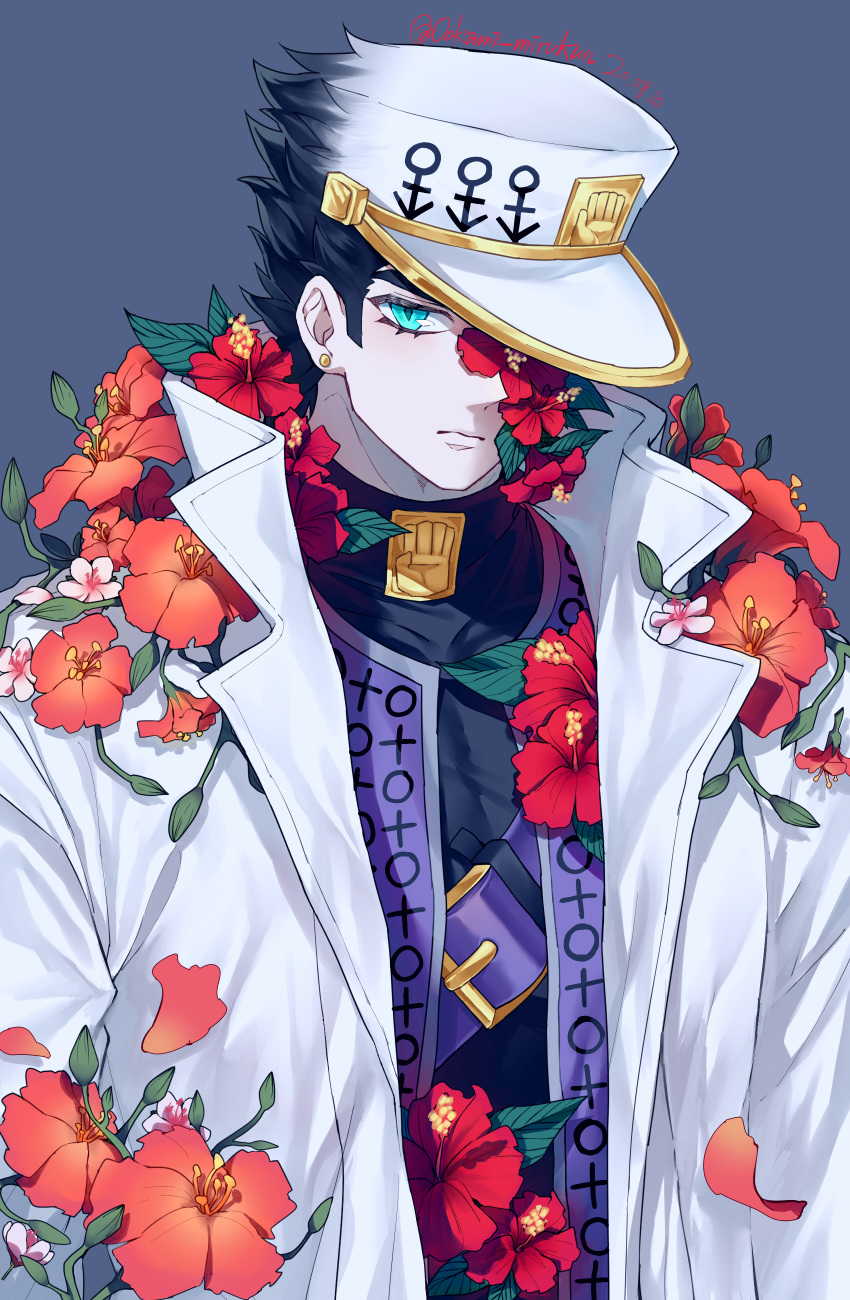 1boy absurdres aqua_eyes belt black_hair blue_background coat dated diamond_wa_kudakenai earrings expressionless flower flower_over_eye flower_request hat highres jacket jewelry jojo_no_kimyou_na_bouken kuujou_joutarou male_focus muscle one_eye_covered ookamimiru open_clothes open_coat open_jacket popped_collar red_flower solo turtleneck twitter_username undershirt white_coat white_headwear