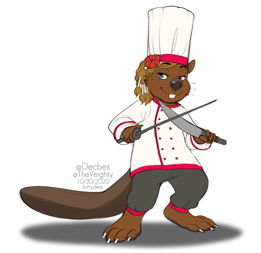2020 4_toes 5_fingers anthro beaver brown_body brown_fur clothed clothing digital_media_(artwork) fingers fur hat headgear headwear hi_res holding_knife kittydee knife male mammal rodent simple_background solo toes white_background