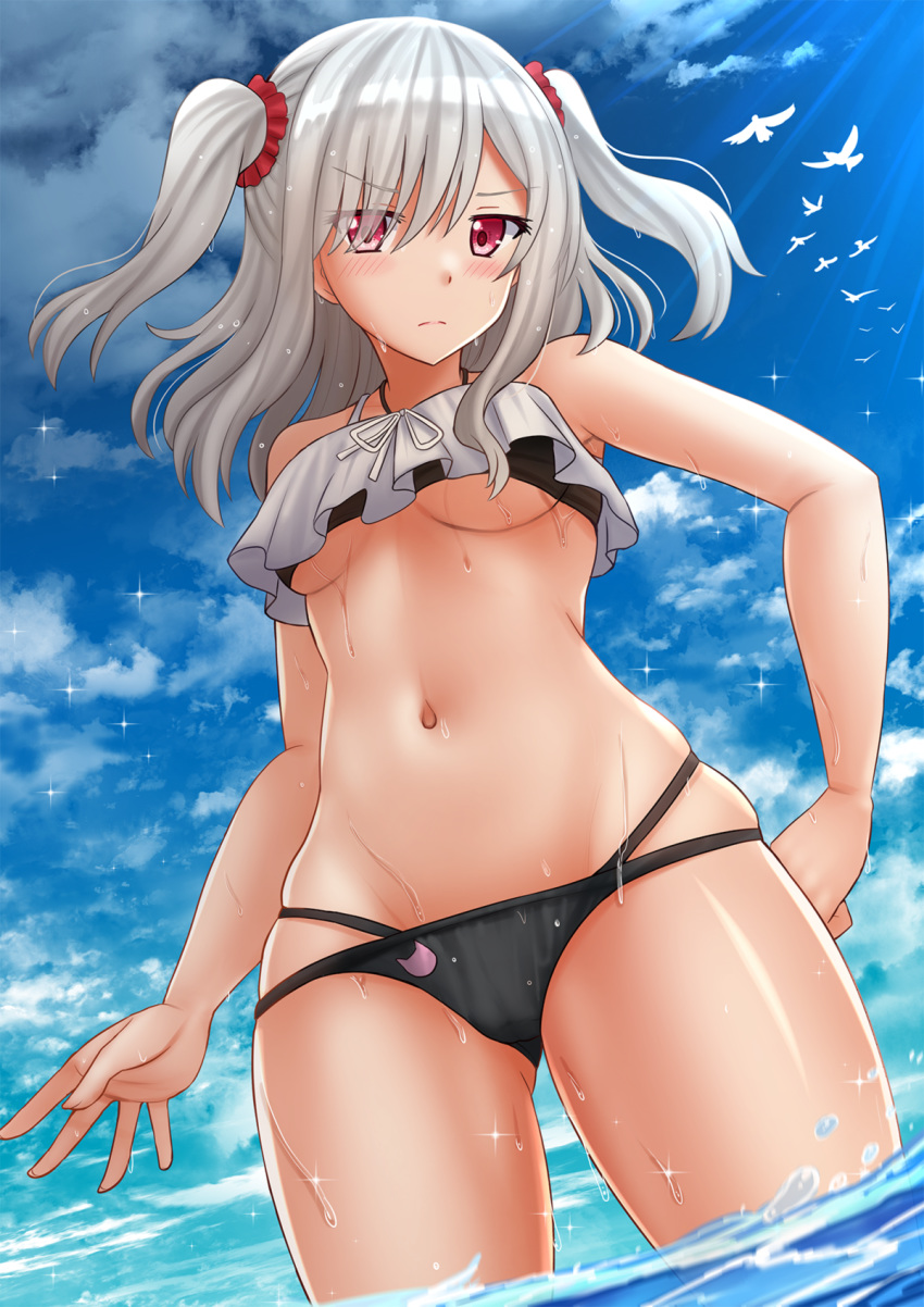 &gt;:( 1girl animal ass_visible_through_thighs bangs bare_arms bare_shoulders bikini bird black_bikini blush breasts closed_mouth commentary day eyebrows_visible_through_hair eyes_visible_through_hair grey_hair groin hair_ornament hair_over_one_eye hair_scrunchie hand_on_hip highres kazenokaze komagome_azuzu light_frown looking_at_viewer medium_breasts multi-strapped_bikini navel outdoors red_eyes red_scrunchie scrunchie senyoku_no_sigrdrifa solo standing swimsuit two_side_up underboob water wet