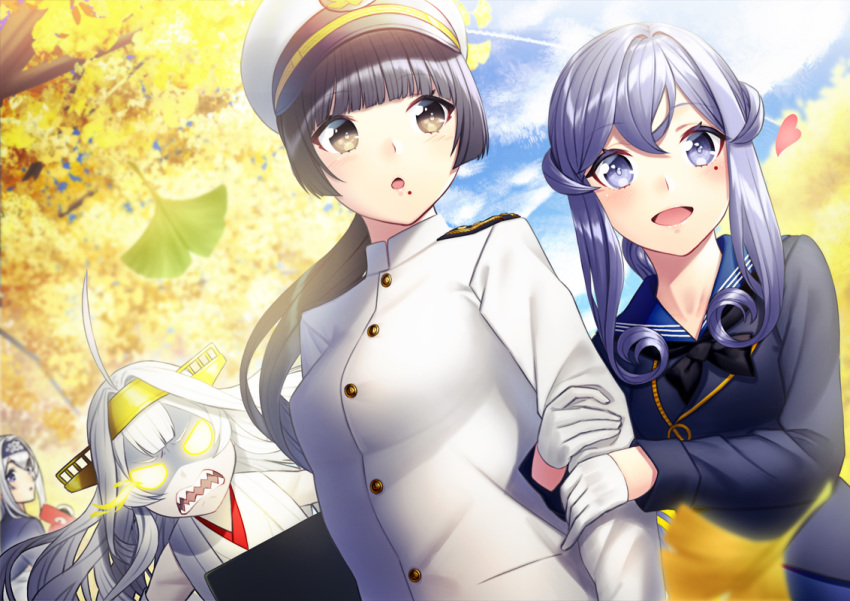 4girls ainu ainu_clothes angry black_hair blue_eyes blue_hair blue_sailor_collar blue_sky blush brown_hair cloud commentary_request detached_sleeves eyebrows_visible_through_hair female_admiral_(kantai_collection) folded_ponytail gloves gotland_(kantai_collection) hair_between_eyes hair_bun hat headband headgear jacket japanese_clothes kamoi_(kantai_collection) kantai_collection kongou_(kantai_collection) long_hair long_sleeves looking_at_viewer military military_hat military_uniform mole mole_under_eye multiple_girls naval_uniform neckerchief open_mouth peaked_cap ponytail remodel_(kantai_collection) ribbon-trimmed_sleeves ribbon_trim sailor_collar skirt sky t-head_admiral tree uniform unowen white_gloves white_hair white_jacket yuri