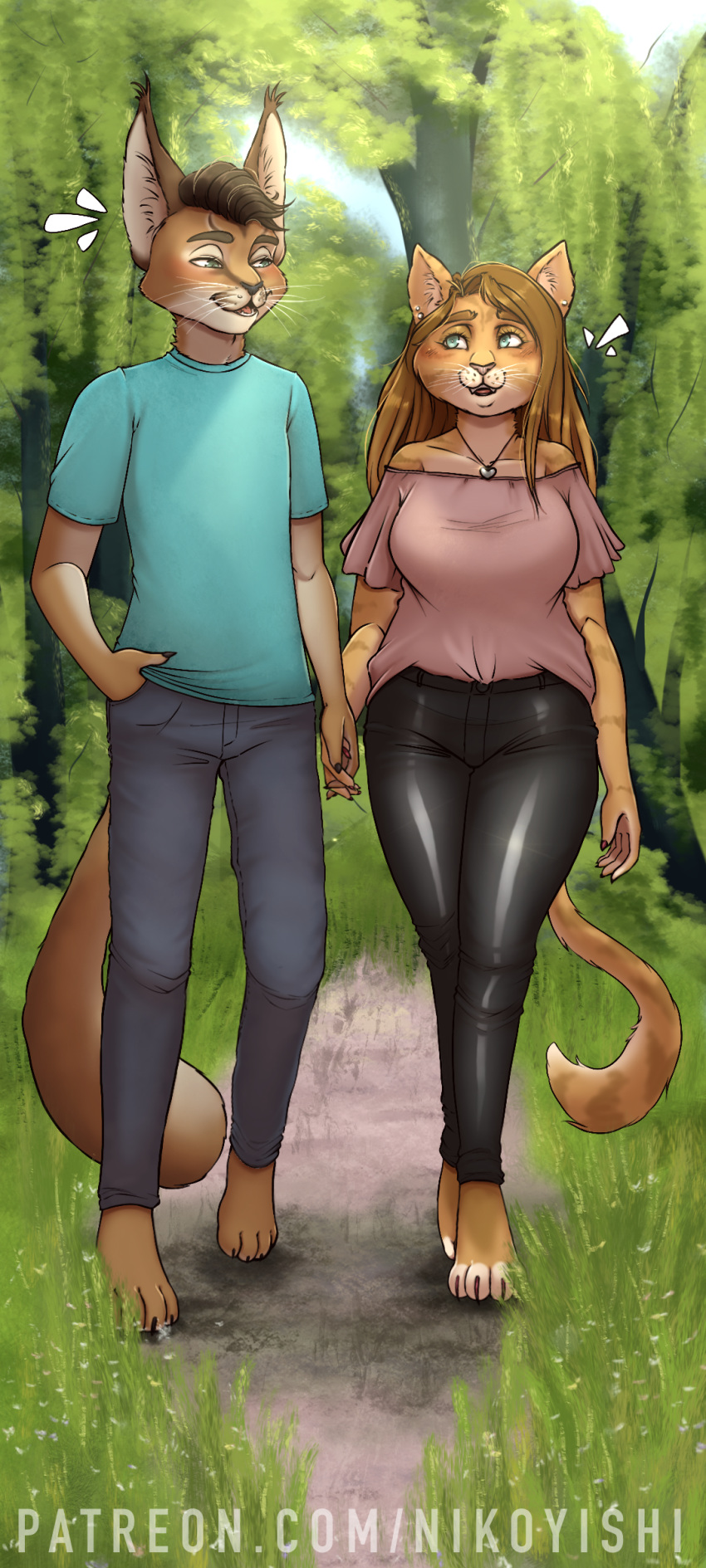 2020 5_fingers absurd_res anniversary anthro barefoot big_breasts blue_eyes blush bottomwear breasts caracal caracal_(genus) clothed clothing denim denim_clothing detailed_background digital_media_(artwork) domestic domestic_cat duo english_text felid feline felis female fingers forest fur grass hair hi_res jeans leaf leather male male/female mammal nikoyishi open_mouth outside pants shirt sky smile standing strolling sun sunny text toes topwear tree walking wallpaper