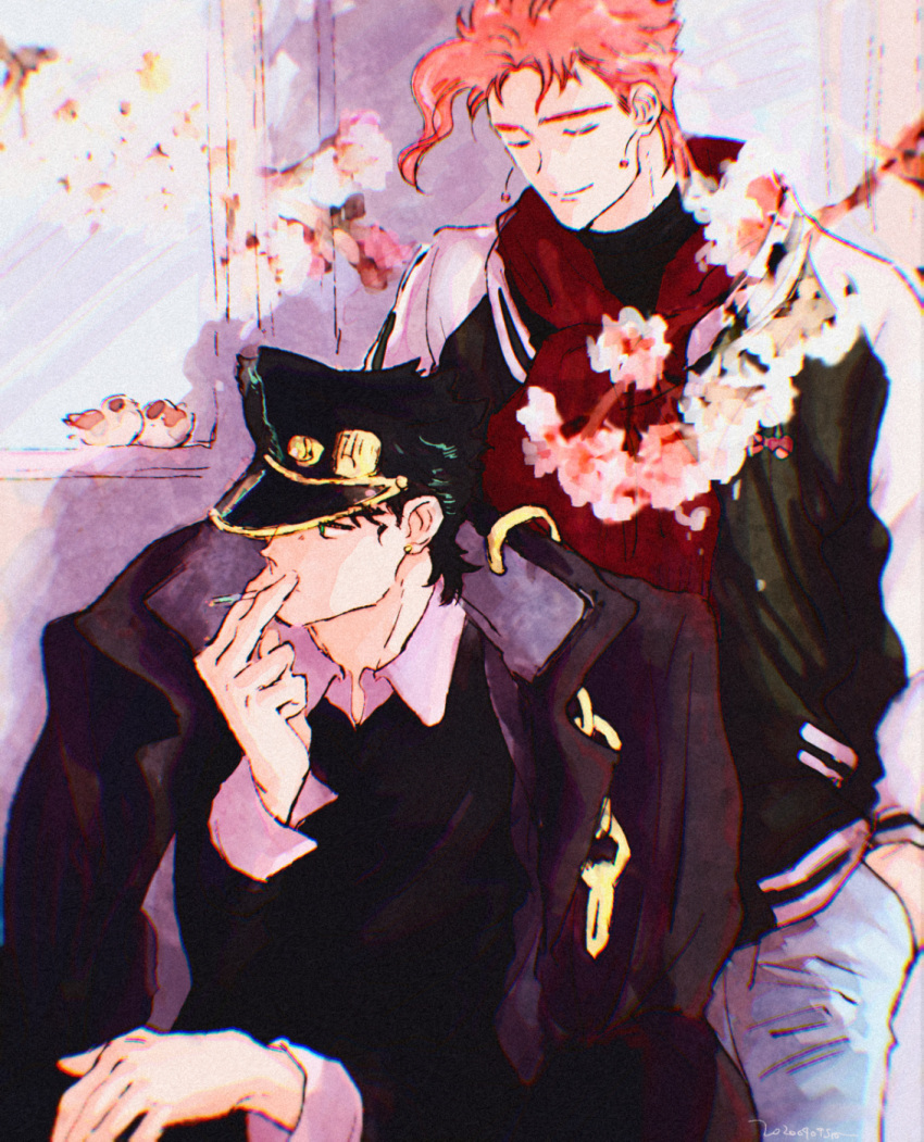 2boys alternate_costume bird black_hair casual cherry_blossoms cherry_earrings chromatic_aberration cigarette closed_eyes collared_shirt earrings food_themed_earrings green_eyes hands_in_pockets hat highres holding holding_cigarette jacket jacket_on_shoulders jewelry jojo_no_kimyou_na_bouken kakyouin_noriaki kusamura_dai kuujou_joutarou looking_away male_focus multiple_boys outdoors red_hair shirt smile smoking white_shirt window yaoi