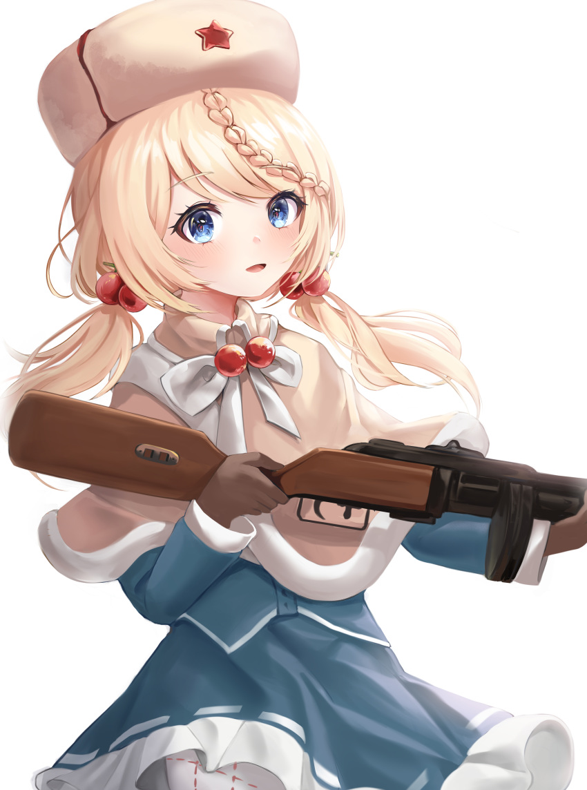 1girl absurdres bang bangs blonde_hair blue_dress blue_eyes blush braid brown_gloves dress finger_gun fur_hat girls_frontline gloves gun hair_bobbles hair_ornament hat highres holding holding_gun holding_weapon long_hair long_sleeves looking_at_viewer open_mouth ppsh-41 ppsh-41_(girls_frontline) smile solo submachine_gun ushanka weapon zipgaemi