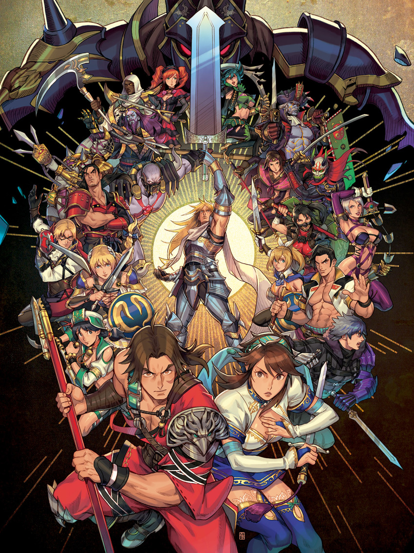 6+boys 6+girls alejandro_tio amy_sorel armor astaroth_(soulcalibur) azwel beard breasts cassandra_alexandra cervantes_de_leon chai_xianghua cleavage everyone facial_hair glowing glowing_eyes greatsword groh highres isabella_valentine katana kilik_(soulcalibur) looking_at_viewer mask maxi_(soulcalibur) mitsurugi_heishirou multiple_boys multiple_girls muscle naginata nightmare_(soulcalibur) nunchaku polearm raphael_sorel revealing_clothes scarf seong_mi-na short_sword siegfried_schtauffen sophitia_alexandra soulcalibur soulcalibur_vi staff sword taki_(soulcalibur) talim thighhighs tira_(soulcalibur) tonfa voldo weapon yoshimitsu zasalamel