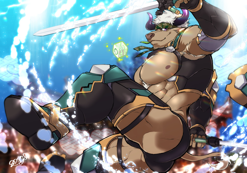 1boy abs air_bubble alternate_costume animal_ears ass bara bare_chest bare_shoulders bubble bursting_pecs camouflage chest chest_hair chest_harness clothing_cutout cow_boy cow_ears cow_horns feet_out_of_frame fighting_stance fingerless_gloves furry gloves harness headband highres holding holding_sword holding_weapon horns male_focus male_swimwear muscle nipples pectoral_press purple_eyes purple_horns revealing_clothes shennong_(tokyo_afterschool_summoners) short_hair sideburns solo spread_legs swim_briefs swimwear sword thick_thighs thigh_cutout thighs tokyo_houkago_summoners underwater weapon white_hair yanai_inaya yin_yang