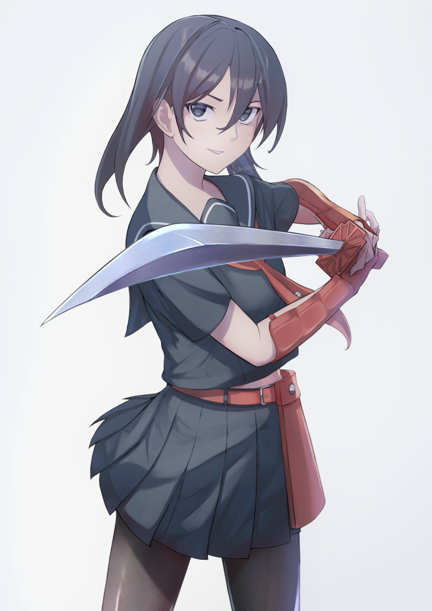 1girl akame_ga_kill! bangs black_hair black_legwear black_sailor_collar black_serafuku black_shirt black_skirt blue_eyes collared_shirt cowboy_shot grin hair_between_eyes highres holding holding_sword holding_weapon katana kurome_(akame_ga_kill!) long_hair looking_at_viewer miniskirt najendasan pantyhose pleated_skirt sailor_collar sailor_shirt school_uniform serafuku shiny shiny_clothes shiny_hair shiny_legwear shirt short_sleeves simple_background skirt smile solo standing sword twintails weapon white_background