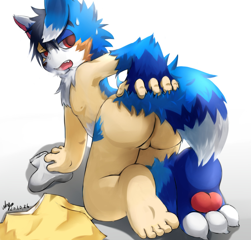 3_toes 5_toes anthro balls blue_body blue_fur bodily_fluids canid canine canis fur fur_growth genitals growth hi_res human human_to_anthro humanoid_genitalia male mammal nipples nude pawpads plantigrade solo species_transformation sweat sweatdrop tail_growth toes transformation whywhyouo wolf