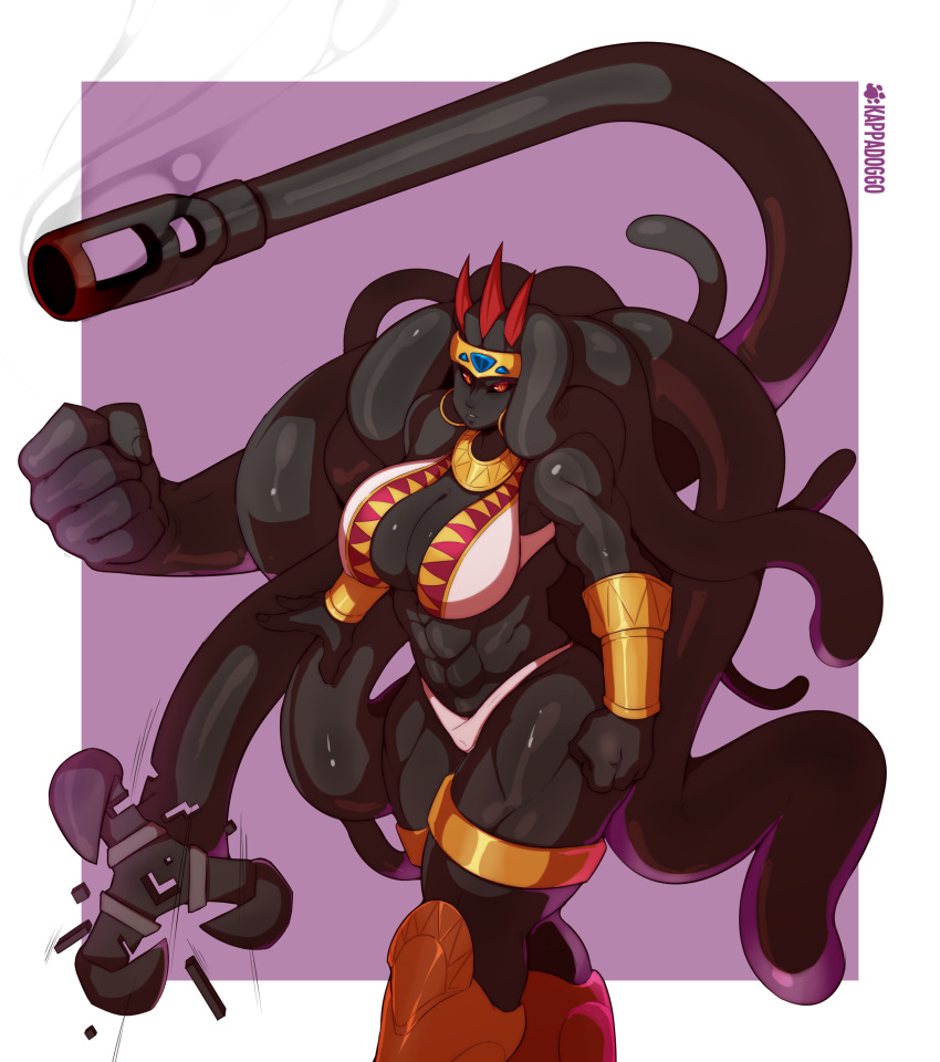 absurd_res alien armor black_sclera boots bracers cannon claws clothing crosshair_eyes deity female fist footwear gem greaves haelyn hi_res horn humanoid jewelry kappadoggo legband muscular muscular_female muscular_humanoid pseudo_hair ranged_weapon smoking_gun solo sumerian tentacle_hair tentacle_monster tentacles thighband transformation weapon