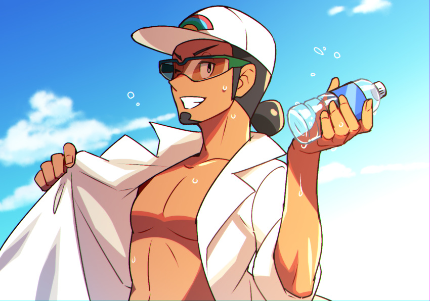 1boy baseball_cap bottle clenched_teeth cloud commentary_request day facial_hair fingernails green-framed_eyewear hair_bun hat highres holding holding_bottle holding_coat kukui_(pokemon) labcoat lobolobo2010 male_focus one_eye_closed outdoors pokemon pokemon_(game) pokemon_sm sky sleeves_rolled_up smile solo sunglasses sweat teeth water_bottle white_headwear