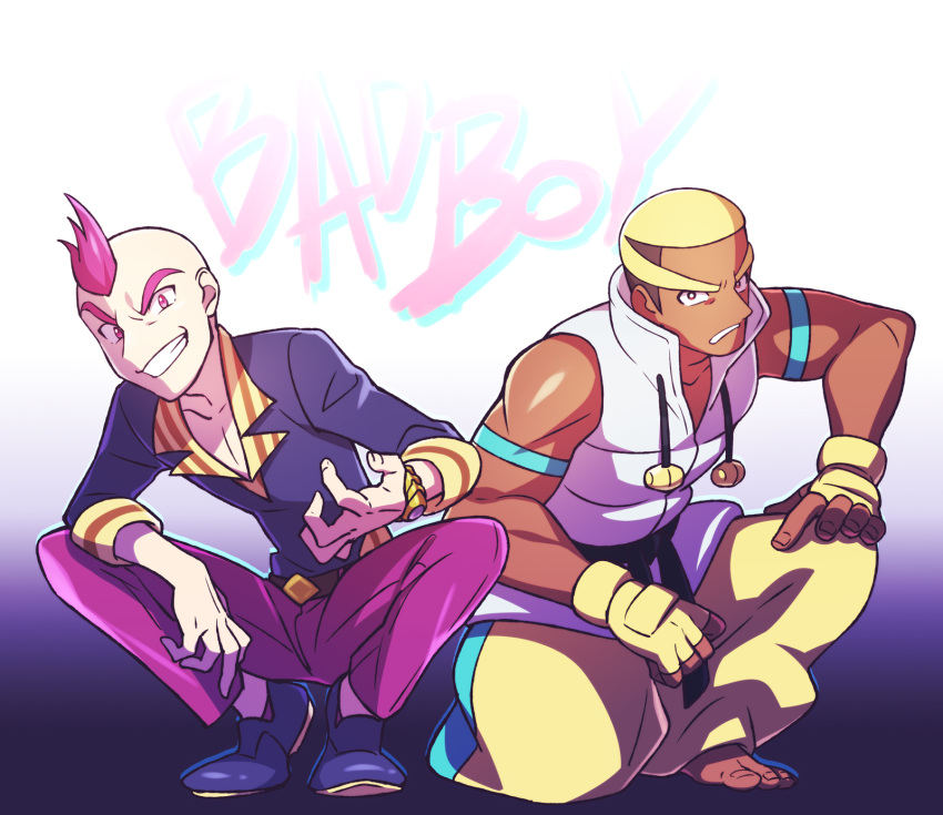 2boys barefoot blonde_hair brown_hair clenched_teeth collarbone commentary_request dark_skin dark_skinned_male elite_four fingerless_gloves frown gloves hand_on_own_knee highres lobolobo2010 male_focus marshal_(pokemon) multicolored_hair multiple_boys pants parted_lips pokemon pokemon_(game) pokemon_bw pokemon_oras purple_pants shoes short_hair sidney_(pokemon) smile squatting teeth toes two-tone_hair watch wristwatch yellow_gloves yellow_pants