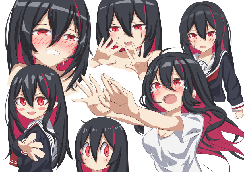 &gt;:) absurdres alternate_breast_size anemone_(anemone-re) black_blouse black_hair blouse blush blush_stickers breasts cleavage clenched_hand clenched_teeth colored_inner_hair eyebrows_visible_through_hair genderswap genderswap_(mtf) hair_between_eyes hands_up highres long_hair medium_breasts multicolored_hair neckerchief open_mouth pink_hair red_eyes red_neckwear ren_(witch's_weapon) school_uniform shadow shirt sweatdrop tears teeth upper_body variations very_long_hair white_shirt witch's_weapon