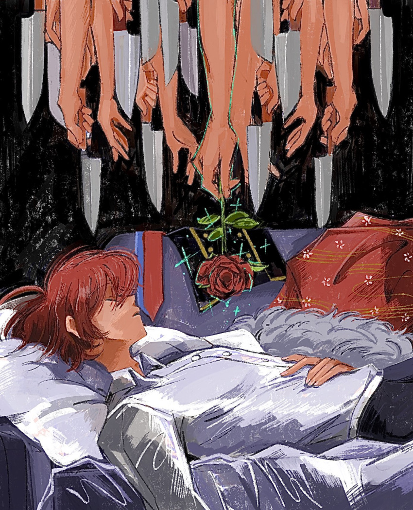 1boy black_pants bungou_to_alchemist closed_eyes collared_shirt dazai_osamu_(bungou_to_alchemist) flower hands highres holding holding_knife knife long_sleeves lying pants profile red_flower red_hair red_rose rose shino_bunnys shirt sleeping solo white_shirt