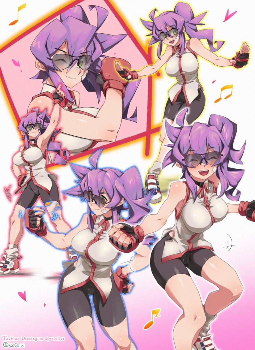 1girl bandage_on_face bandages bandaid bare_shoulders bike_shorts black_shorts blush breasts closed_mouth coso-ri dancer dancing fingerless_gloves glasses glove_in_mouth gloves green_eyes gym_shorts hair_between_eyes highres large_breasts long_hair looking_at_viewer mouth_hold music open_mouth original piledriver purple_hair shirt shoes short_hair shorts side_ponytail sleeveless sleeveless_shirt smile sneakers socks sweat sweating_profusely thighhighs torn_clothes torn_shorts umizakura_tachimi