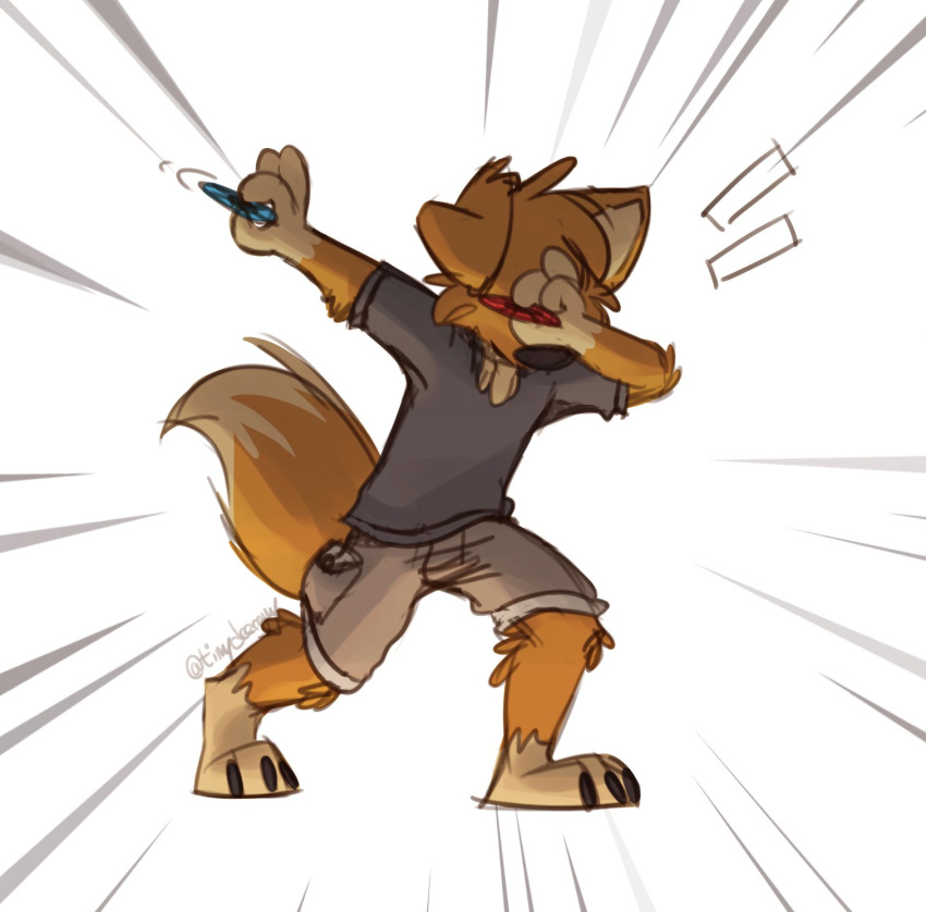 anthro barefoot black_clothing black_shirt black_topwear bottomwear brown_body brown_fur canid canine canis cargo_shorts clothing domestic_dog fidget_spinner fur hi_res khaki_pants male mammal matt_riskely meme shirt shorts simple_background solo t-shirt tinydeerguy topwear white_background