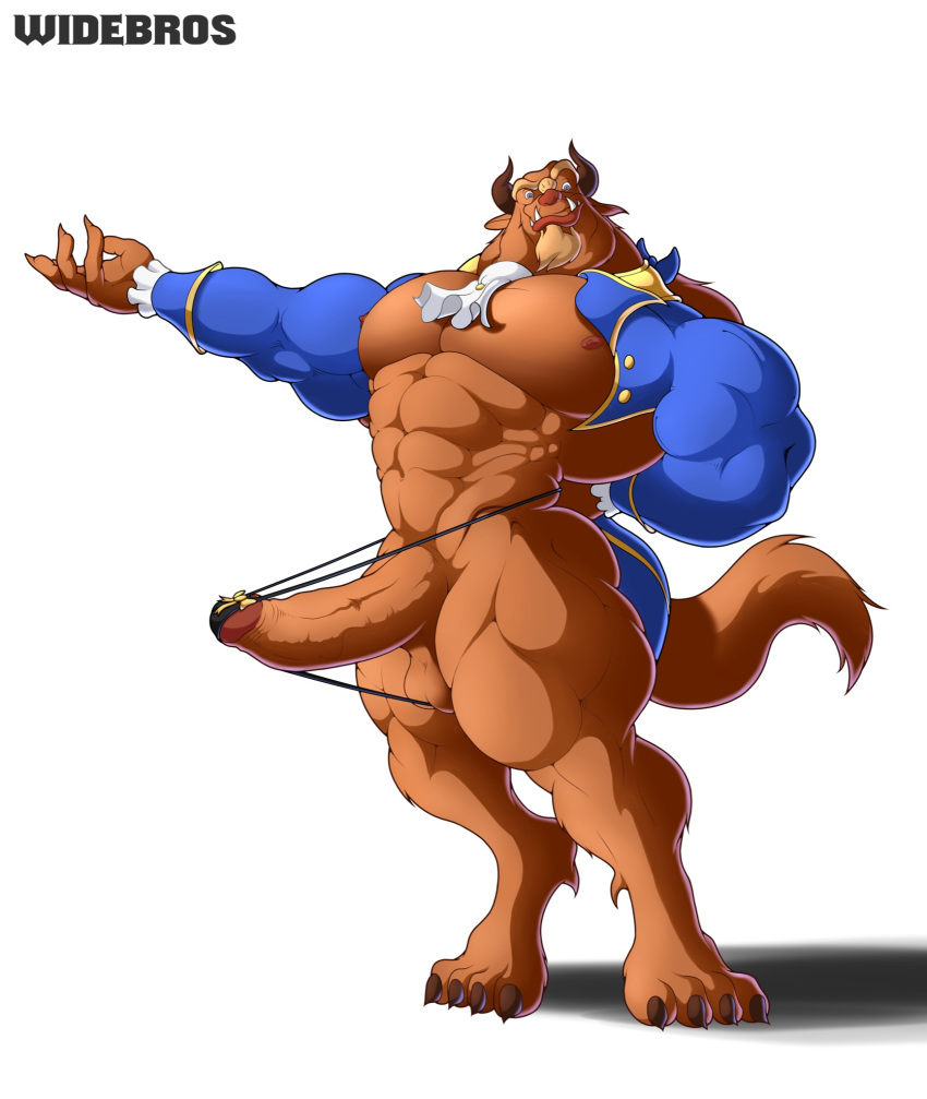 4_toes 5_fingers abs anthro balls barely_contained beast_(disney) beauty_and_the_beast big_muscles big_pecs big_penis black_clothing black_underwear blue_clothing blue_eyes blue_topwear brown_balls brown_body brown_fur claws clothed clothing disney erection fingers fur genitals hi_res horn huge_muscles humanoid_genitalia humanoid_penis looking_at_viewer male monster muscular muscular_anthro muscular_male nipples open_clothing pecs penis sharp_teeth simple_background solo standing teeth toe_claws toes topwear underwear white_background widebros