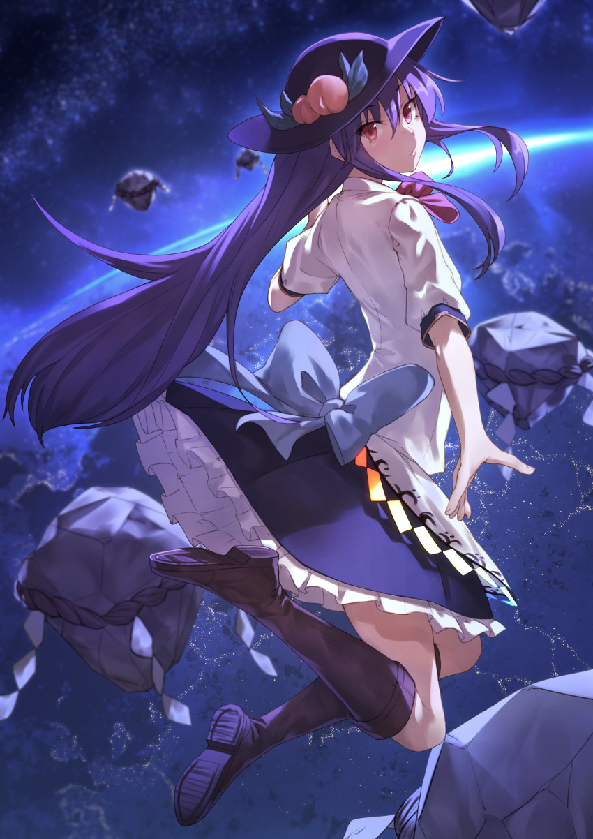 1girl absurdres black_footwear blue_hair blue_skirt boots bow bowtie chromatic_aberration city_lights earth frilled_skirt frills full_body hat highres hinanawi_tenshi ibuki_notsu keystone knee_boots long_hair looking_at_viewer miniskirt petticoat photoshop_(medium) puffy_short_sleeves puffy_sleeves red_bow red_eyes red_neckwear rope shimenawa shirt short_sleeves skirt solo space touhou very_long_hair white_shirt