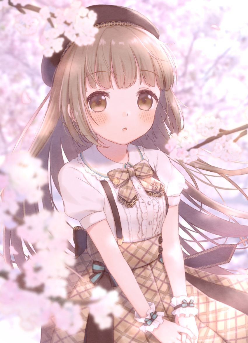 1girl blush bow brown_eyes brown_hair cherry_blossoms dress frilled_shirt frills hat highres idolmaster idolmaster_cinderella_girls idolmaster_cinderella_girls_starlight_stage kazane_mari long_hair looking_at_viewer open_mouth outdoors pleated_skirt shirt sidelocks skirt solo suspender_skirt suspenders white_shirt yorita_yoshino