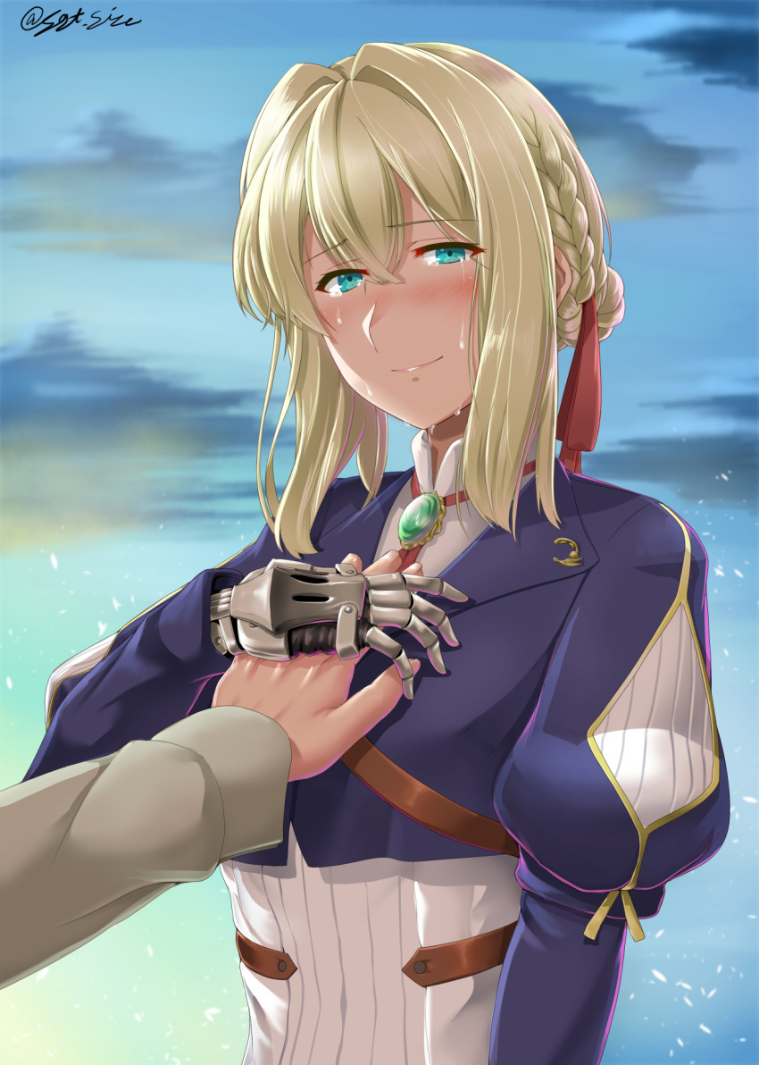 1boy 1girl bangs blonde_hair blue_eyes blue_jacket blush braid braided_bun breasts brooch closed_mouth cloud cloudy_sky eyebrows_visible_through_hair eyes gem green_eyes hair_intakes hair_ornament hair_ribbon hand_on_another's_chest highres jacket jewelry large_breasts long_hair long_sleeves looking_at_viewer mechanical_arms mechanical_hand mechanical_hands outdoors prosthesis prosthetic_arm prosthetic_hand red_ribbon ribbon saizu_nitou_gunsou sky smile tears violet_evergarden violet_evergarden_(character) white_neckwear