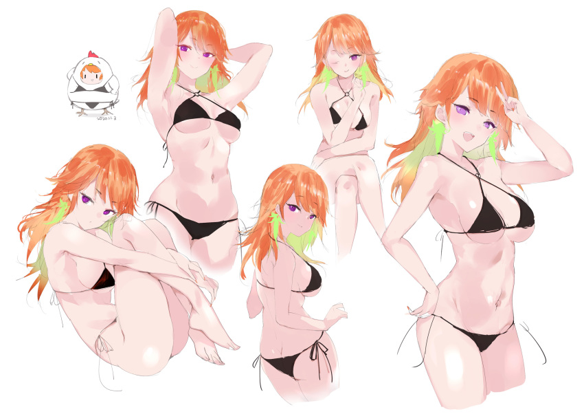 1girl bikini black_bikini breasts chicken_costume english_commentary highres hololive hololive_english kogeneko looking_at_viewer medium_breasts multiple_views navel one_eye_closed orange_hair purple_eyes swimsuit takanashi_kiara v virtual_youtuber white_background