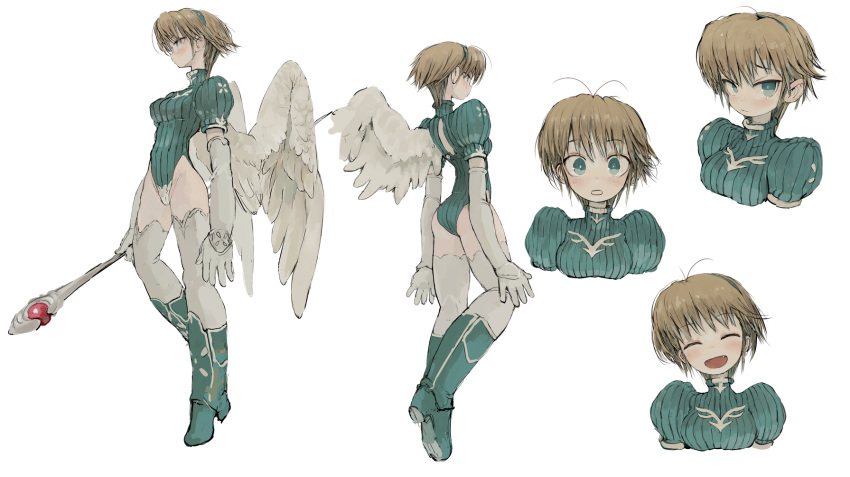 1girl :d angel_wings ass blonde_hair blue_footwear blue_leotard boots character_name closed_mouth contrapposto ebimomo fangs feathered_wings full_body hairband head_tilt high_heel_boots high_heels highleg highleg_leotard highres holding holding_staff juliet_sleeves leotard long_sleeves looking_at_viewer multiple_views open_mouth parted_lips puffy_short_sleeves puffy_sleeves short_hair short_sleeves simple_background smile staff standing stones_of_dragon thighhighs tsubasa_(stones_of_dragon) white_background white_legwear white_wings wide-eyed wings