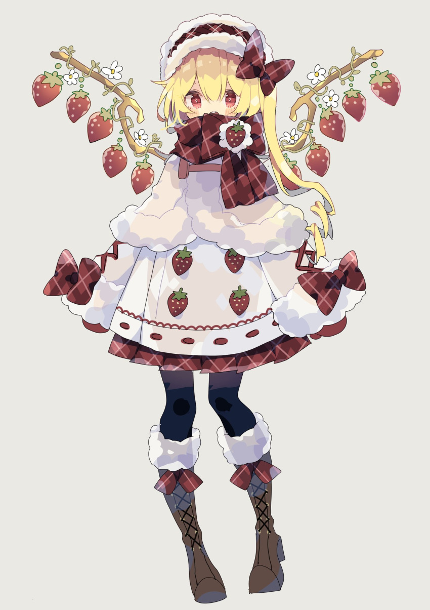 1girl alternate_costume alternate_wings black_legwear blonde_hair blush boots bow brown_footwear coat flandre_scarlet flower food fruit full_body fur-trimmed_boots fur_trim grey_background hair_bow highres long_hair long_sleeves nikorashi-ka open_mouth pantyhose plaid plaid_bow plaid_scarf pleated_skirt red_bow red_eyes red_mittens red_ribbon red_scarf red_skirt ribbon scarf shoe_ribbon side_ponytail skirt solo strawberry strawberry_blossoms touhou white_coat white_headwear wings winter_clothes winter_coat