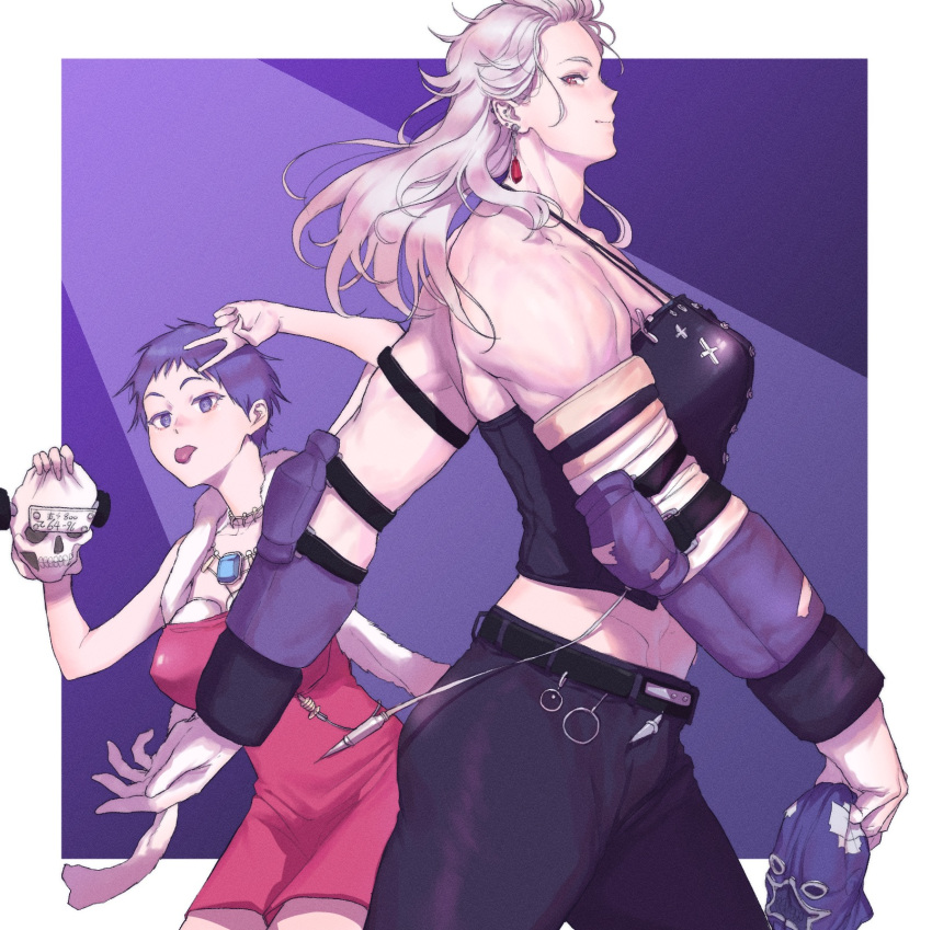 2girls airpro033 bare_shoulders belt black_pants black_tank_top cowboy_shot dorohedoro dress earrings ebisu_(dorohedoro) grey_hair hand_up height_difference highres jewelry long_hair multiple_girls muscle muscular_female necklace noi_(dorohedoro) pants profile purple_eyes purple_hair red_dress short_hair tall_female tank_top tongue tongue_out v