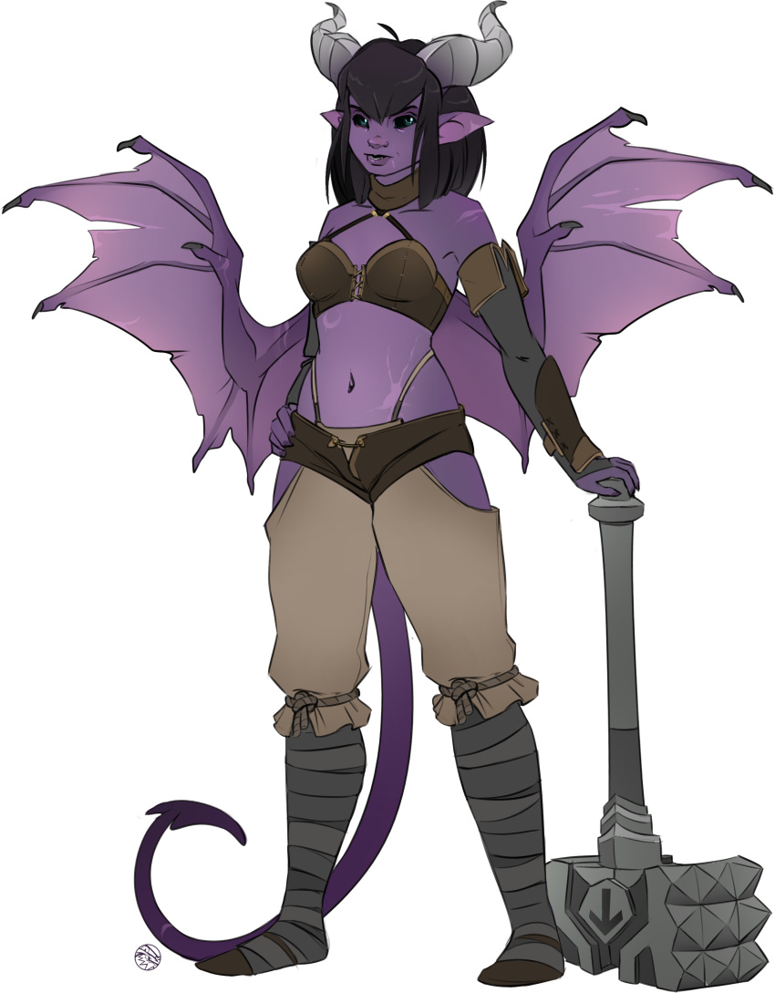 2019 absurd_res alpha_channel black_hair black_sclera bottomwear clothing demon demon_humanoid feardakez female hair hand_on_hip hi_res holding_hammer horn humanoid humanoid_pointy_ears looking_aside membrane_(anatomy) membranous_wings navel not_furry purple_body shorts simple_background solo spade_tail standing transparent_background wings