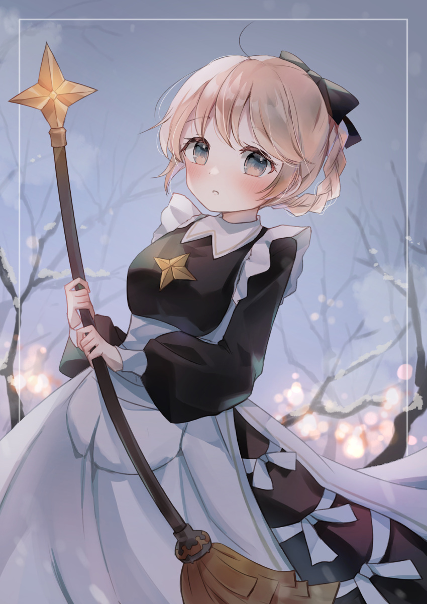 1girl :o afk_arena apron bangs bare_tree black_bow black_dress blush bow braid breasts broom brown_hair collared_dress commentary_request day dress eyebrows_visible_through_hair grey_eyes hair_bow highres holding holding_broom long_sleeves looking_at_viewer maid outdoors parted_lips puffy_long_sleeves puffy_sleeves rosaline_(afk_arena) small_breasts snow solo spi tree white_apron